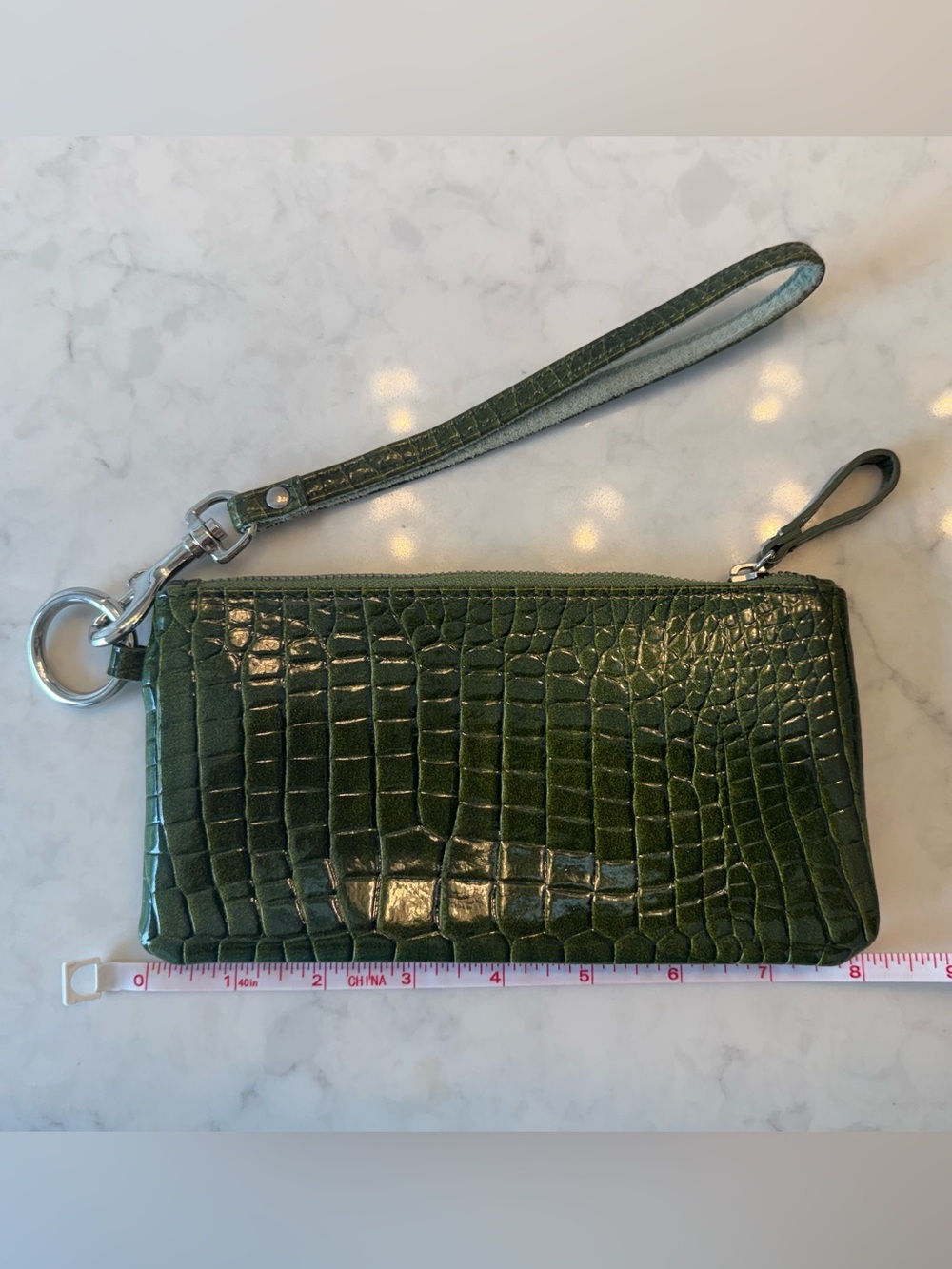 Leif Olive Green Croc-Embossed Zip Wristlet